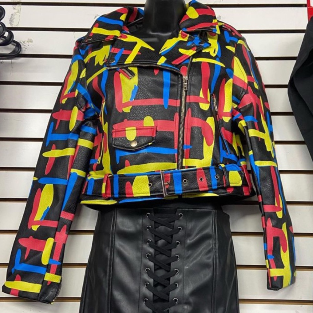 Painted Moto Jacket features a vegan leather fabrication, graphic primary color
